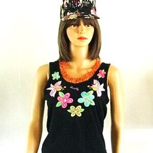 Black knit tank top with bold and beautiful floral embroidery all around,  Small